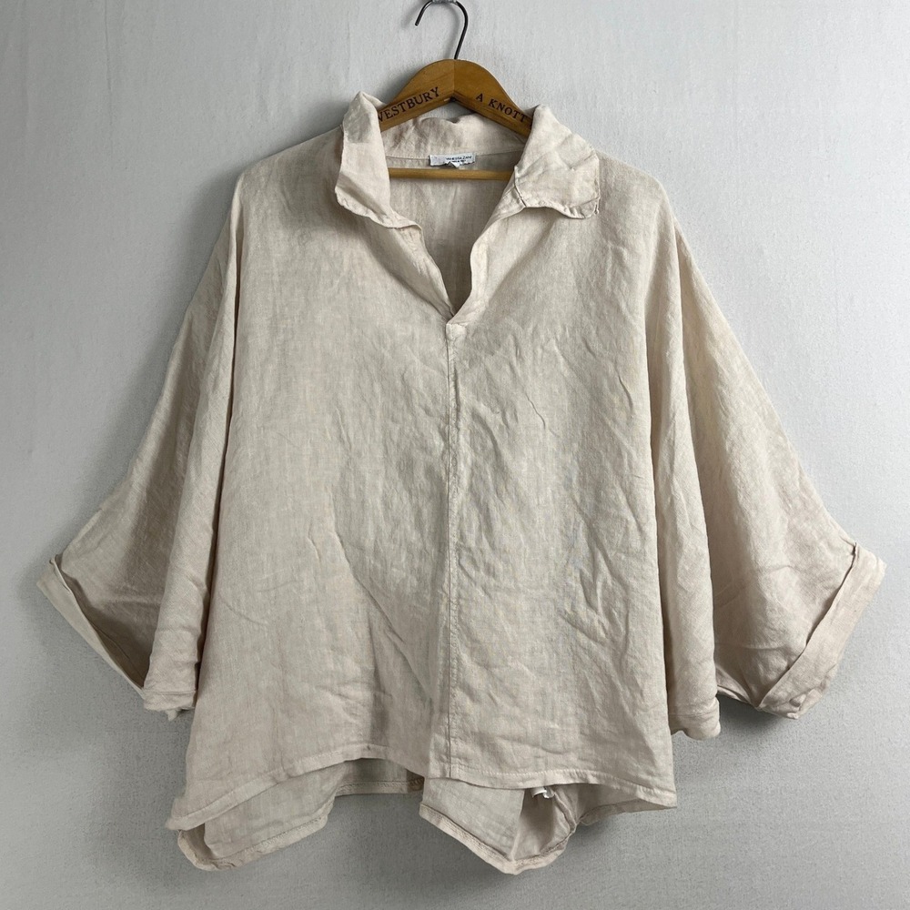 Vanessa Zani Italy 100% Linen Oversized Boxy Tunic Blouse Beige Large